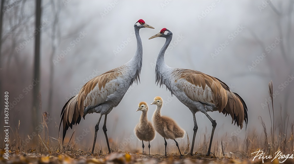 Obraz premium A serene family of red-crowned cranes stands majestically in a misty autumnal woodland showcasing their elegant plumage and protective stance.