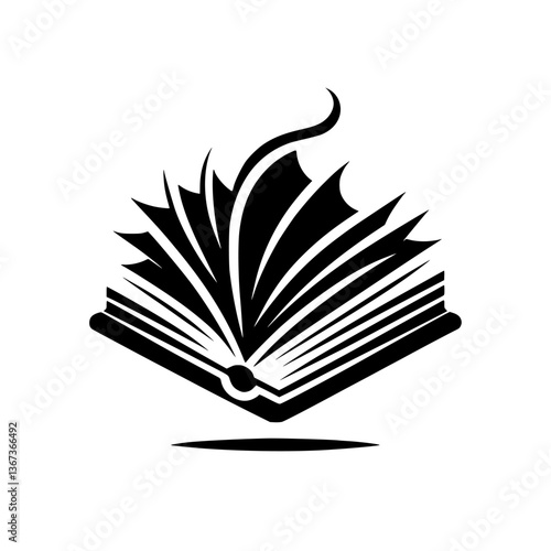 A stylized, black and white logo depicting an open book with pages fanning upward, suggesting knowledge and imagination, with a flowing element above.