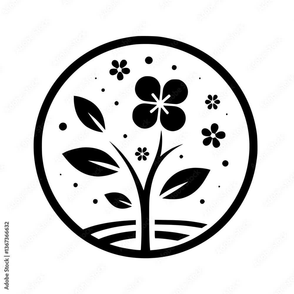 Obraz premium Stylized black and white floral emblem within a circular frame, featuring a central flower, leaves, and smaller blossoms.