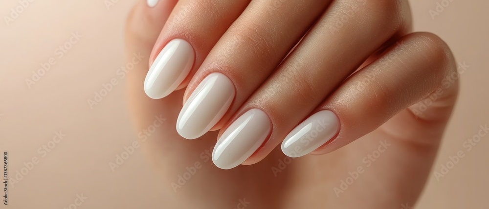 Close-up of a woman's hand with a stylish white rounded manicure on a neutral background Close-up of a woman's hand with a stylish white rounded manicure on a neutral background