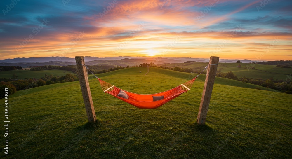 Fototapeta premium Relaxing in Hammock at Sunset Over Rolling Hills Landscape