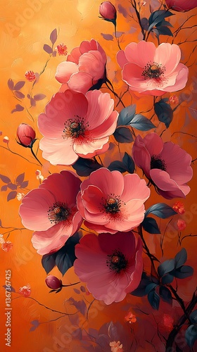 Pink Flower Bouquet Phone Wallpaper Delicate Petals & Green Leaves on Orange Background | HD Mobile Theme

