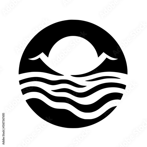 A minimalist black and white logo depicting a stylized seascape of mountains, sun, and waves, enclosed within a circular frame.