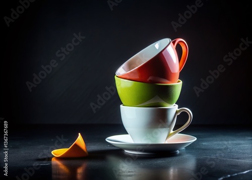 Black Background Still Life: Stacked Cups, Broken Ceramic, Text Space -  High-Resolution Stock Photo