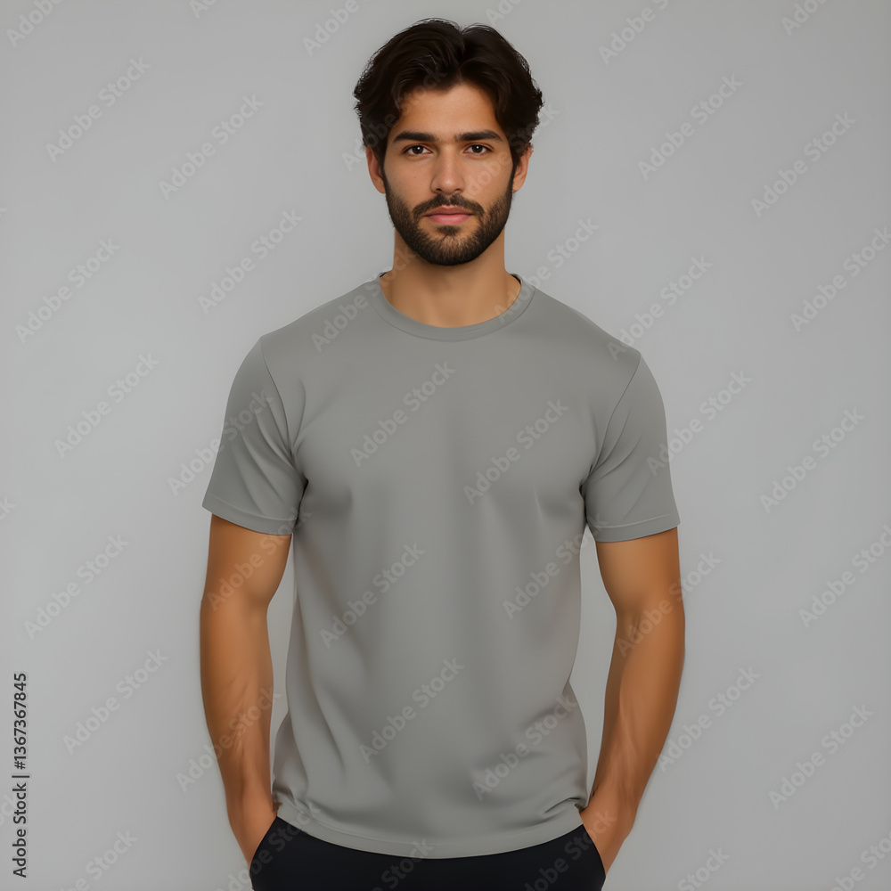 Handsome Young Man in a Casual Gray T-Shirt on Neutral Background – Apparel Mockup Handsome Young Man in a Casual Gray T-Shirt on Neutral Background – Apparel Mockup