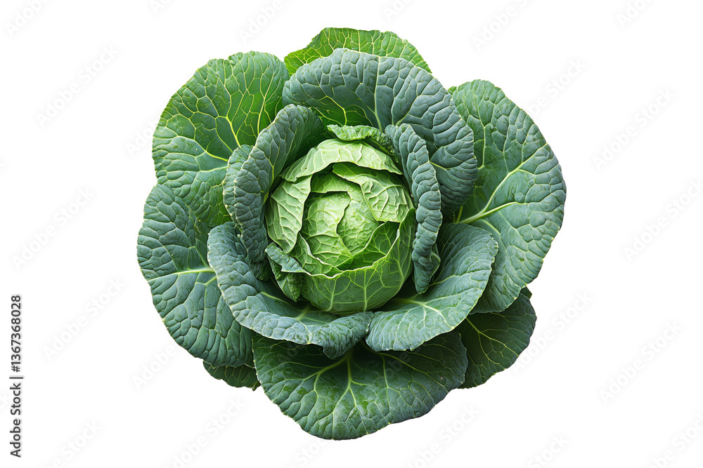 Obraz premium Whole green cabbage with vibrant outer leaves isolated on a transparent background. Fresh and organic vegetable concept, healthy food ingredient