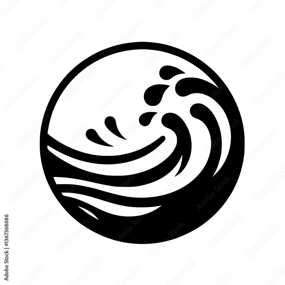 Obraz premium A minimalist monochrome logo featuring a stylized ocean wave inside a circular frame, evoking a sense of dynamic energy and natural flow.