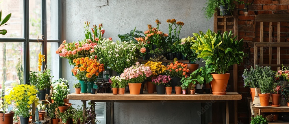 Naklejka premium Charming flower shop interior with various colorful plants and potted arrangements