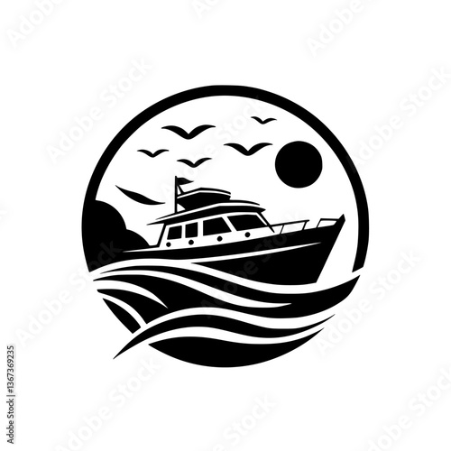 Vector illustration of a black and white yacht sailing on waves under a sun and seagulls, all contained within a circular frame.