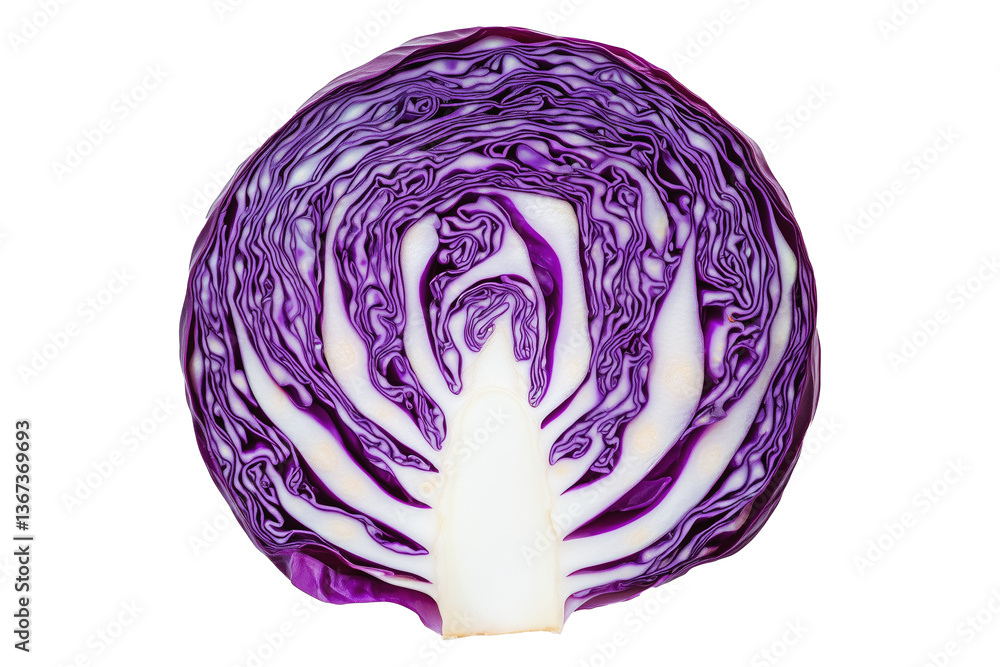 Fototapeta premium Close-up of a sliced purple cabbage isolated on transparent background. Concept of fresh vegetables and healthy eating