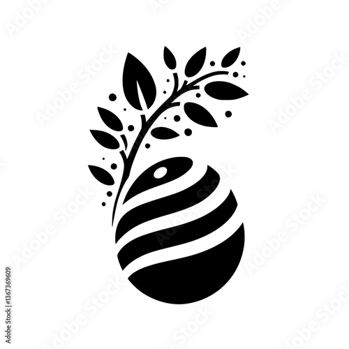 A minimalist black and white logo featuring a stylized globe with swirling stripes, a sprouting organic branch, and a scattering of dots, representing growth and nature.