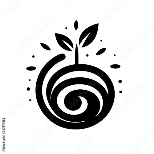 Stylized black and white logo depicts a swirling earth-like form with a sprouting plant, symbolizing growth.