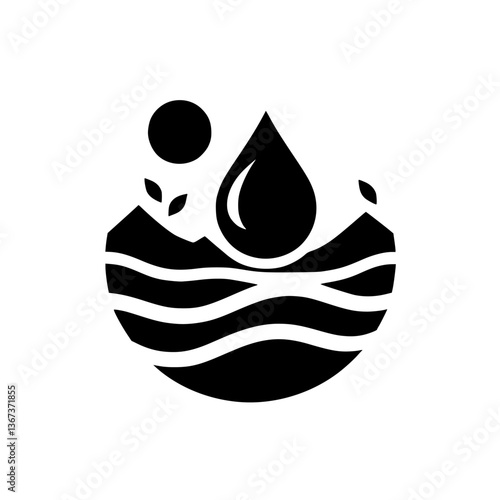 A minimalist black and white logo depicting a water droplet above stylized waves and mountains, with a sun and foliage, symbolizing natural resources.