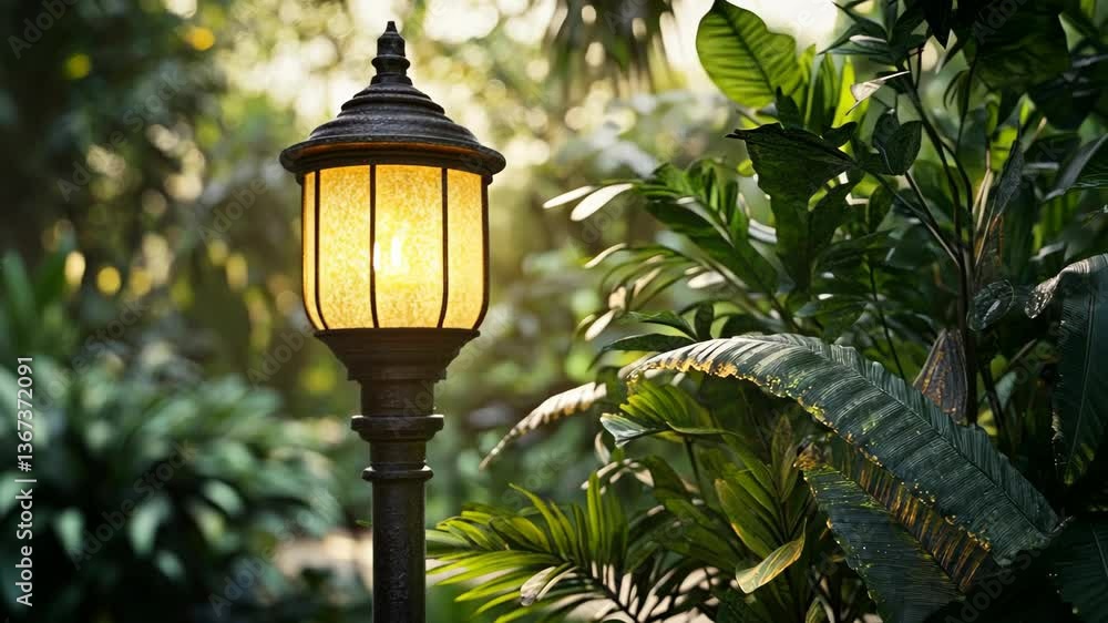 Lantern shines softly in a lush garden at sunset, highlighting vibrant greenery and tranquil atmosphere Lantern shines softly in a lush garden at sunset, highlighting vibrant greenery and tranquil atmosphere