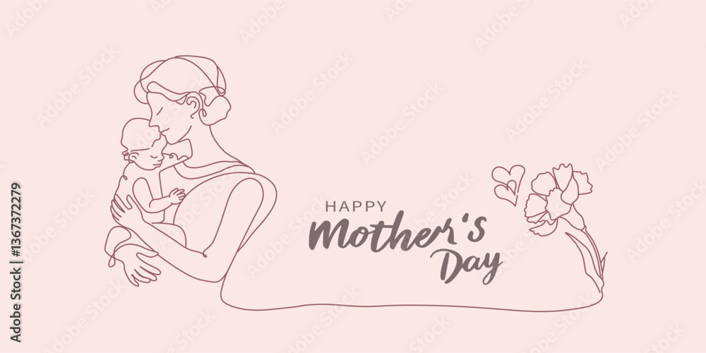 Minimalist line art Mother's Day illustration featuring a mother tenderly embracing her child and carnations. Vector illustration. Minimalist line art Mother's Day illustration featuring a mother tenderly embracing her child and carnations. Vector illustration.