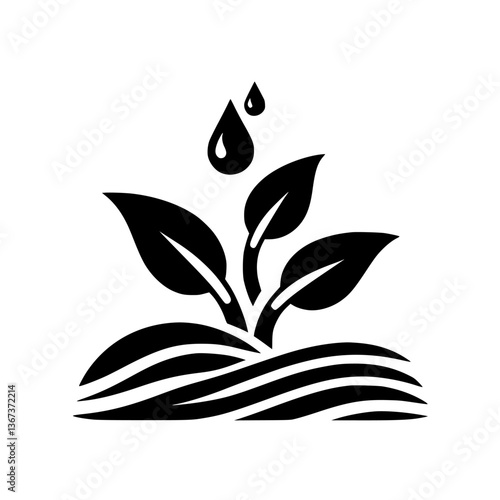 Minimalist Black and White Illustration: Sprouting Plant Being Watered, Symbolic of Growth, Nature and Sustainability