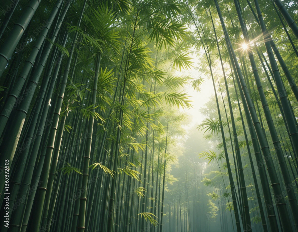 Fototapeta premium Mystical bamboo forest in morning light. Towering green stalks reach skyward as sunbeams filter through misty canopy creating ethereal atmosphere. Golden-green leaves dance in soft light above bamboo