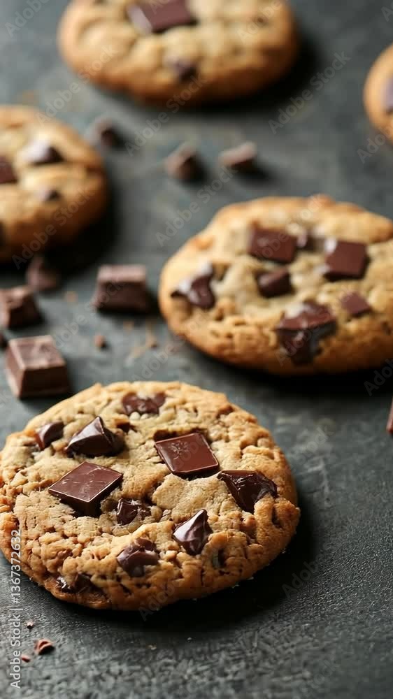 Freshly baked chocolate chip cookies arranged on a rustic surface with chocolate chunks scattered around Freshly baked chocolate chip cookies arranged on a rustic surface with chocolate chunks scattered around
