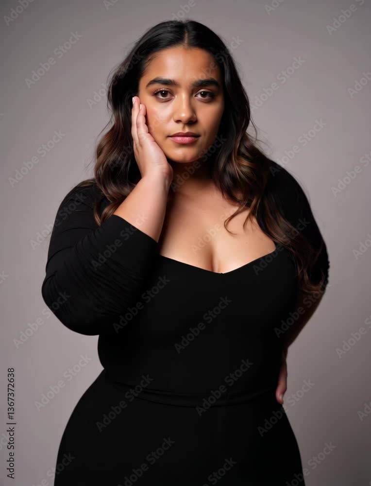 Serene Plus Size Woman in Black Dress with Eyes Closed in Studio Serene Plus Size Woman in Black Dress with Eyes Closed in Studio