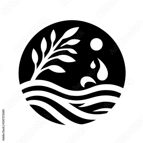 Symbolic black and white circular emblem depicting a stylized plant, person, and waves, conveying themes of nature and spirituality.