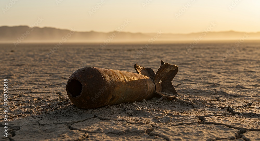 Rusty bomb shell on cracked desert floor at sunrise Rusty bomb shell on cracked desert floor at sunrise