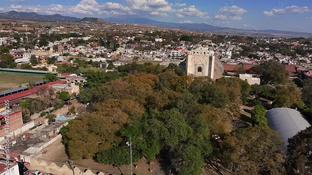 Aerial: Oaxtepec cityscape with blue cloudy sky during the day in Morelos, Mexico, orbit drone shot Aerial: Oaxtepec cityscape with blue cloudy sky during the day in Morelos, Mexico, orbit drone shot