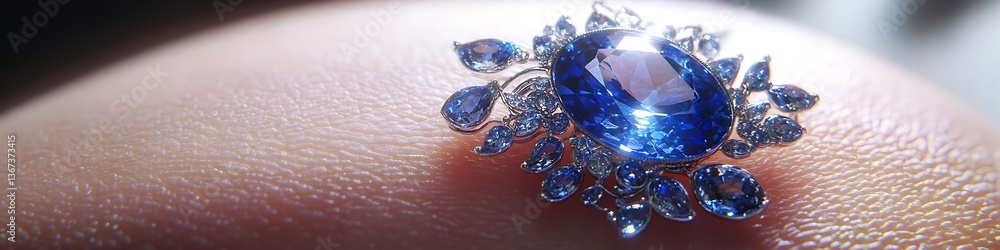 A luminous sapphire brooch that appears to hover above the skin refracting ambient light elegantly A luminous sapphire brooch that appears to hover above the skin refracting ambient light elegantly