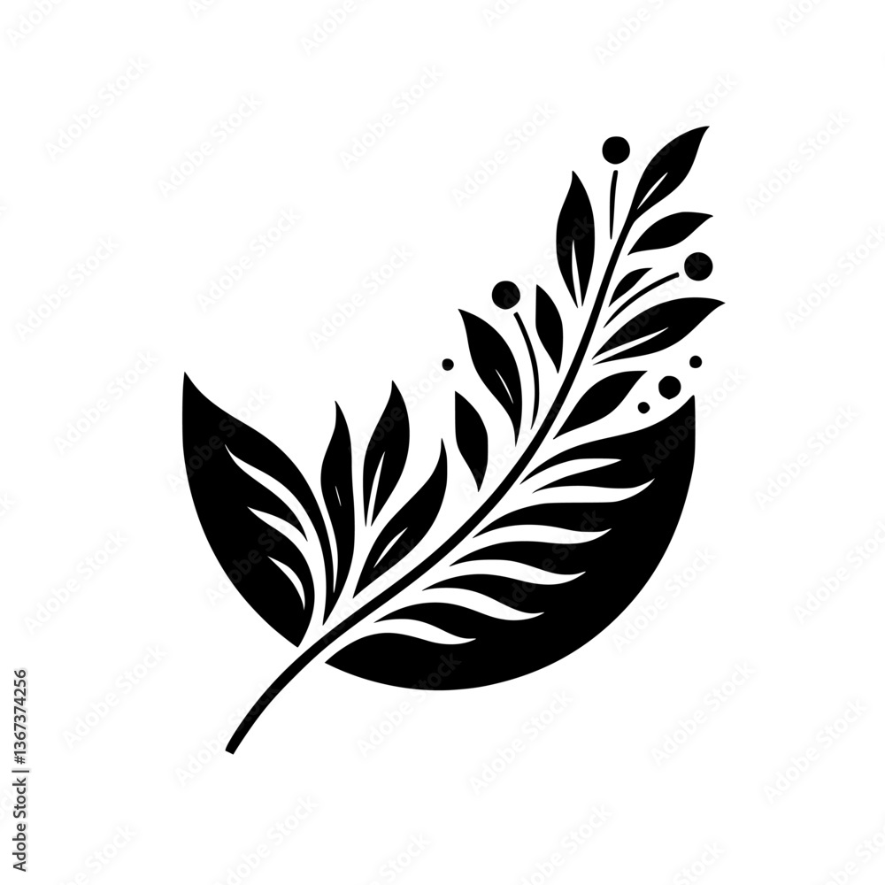 Fototapeta premium Elegant minimalist black and white botanical illustration, a leafy branch emanating from a crescent moon shape, creating a balanced and serene composition.