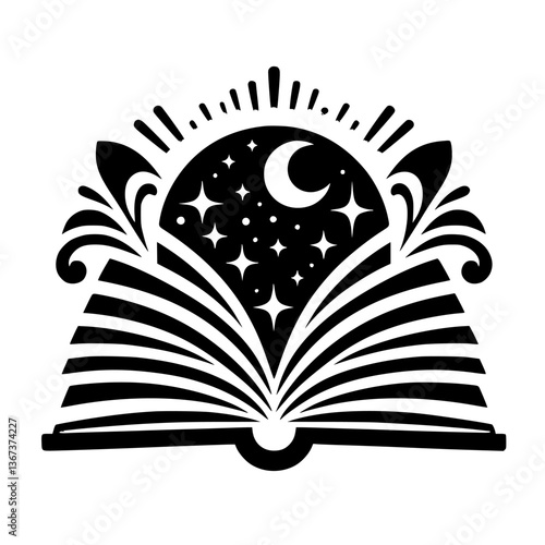 A stylized black and white illustration of an open book revealing a starry night sky with a crescent moon, illuminated by stylized sun rays and decorative flourishes.