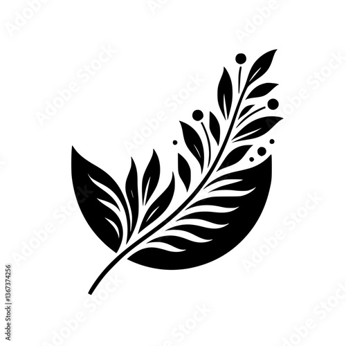Elegant minimalist black and white botanical illustration, a leafy branch emanating from a crescent moon shape, creating a balanced and serene composition.