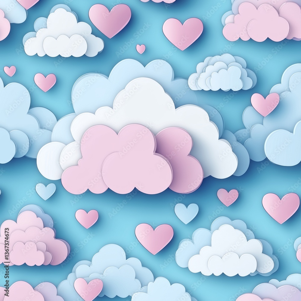 A seamless pattern of a blue sky, hearts, and paper-cut clouds. Happy Valentine's Day, featuring a charming, childish papercut style wallpaper A seamless pattern of a blue sky, hearts, and paper-cut clouds. Happy Valentine's Day, featuring a charming, childish papercut style wallpaper