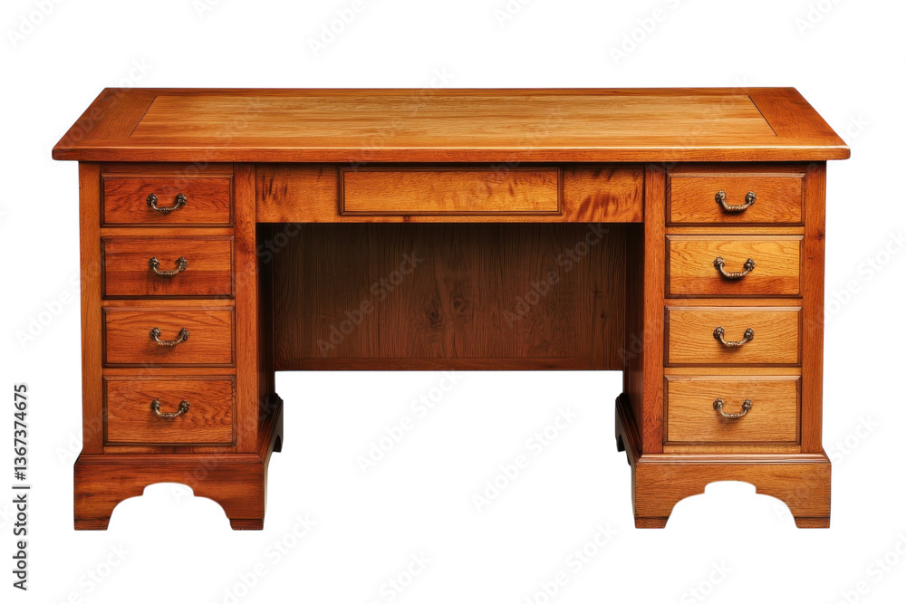 Elegant wooden desk with drawers crafted from rich, warm-toned timber in a minimalist setting isolated on transparent background Elegant wooden desk with drawers crafted from rich, warm-toned timber in a minimalist setting isolated on transparent background