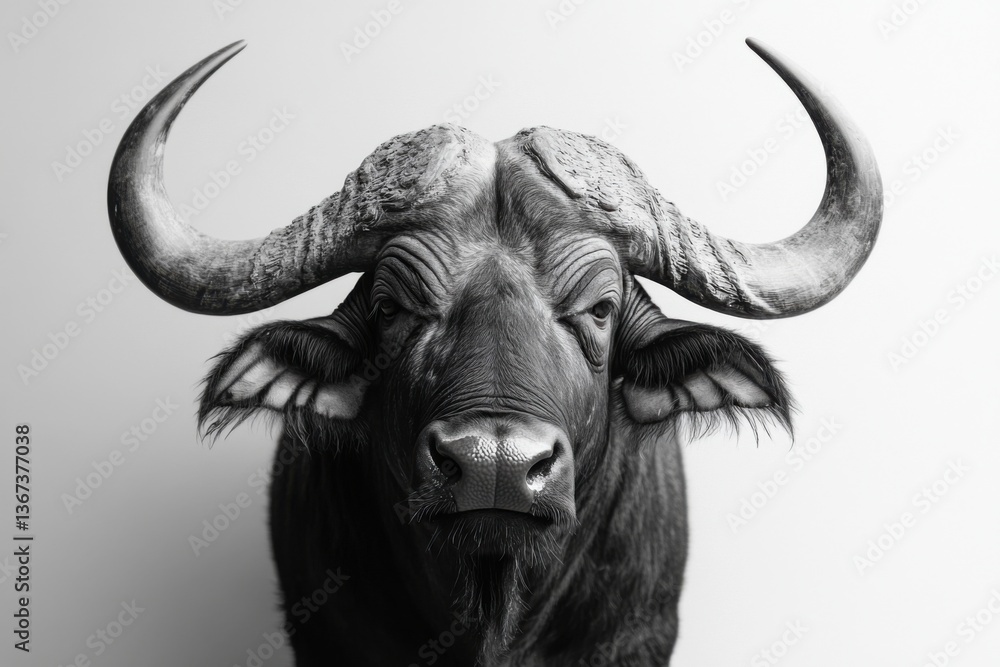 Fototapeta premium Powerful Buffalo Portrait in Black and White with Majestic Horns