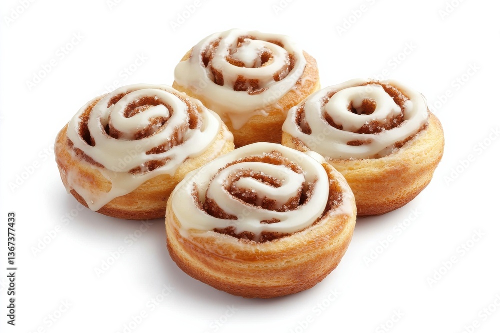 Delightful cinnamon rolls topped with creamy icing on a simple white background isolated on transparent background Delightful cinnamon rolls topped with creamy icing on a simple white background isolated on transparent background