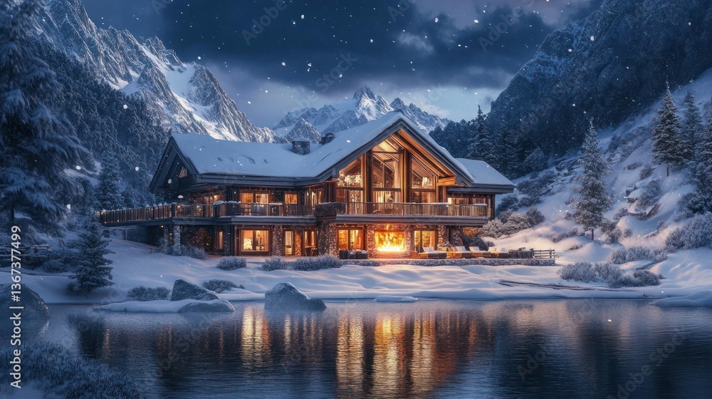 Fototapeta premium Idyllic winter escape: Alpine lodge nestled amidst snowy peaks and serene lake