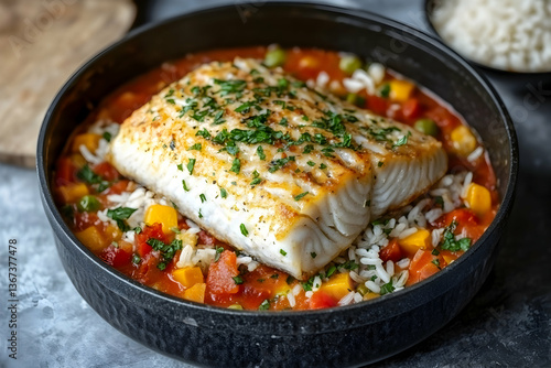 Fototapeta Naklejka Na Ścianę i Meble -  Elegant Mauritanian Thieboudienne, A Flavorful Fish and Rice Dish Presentation