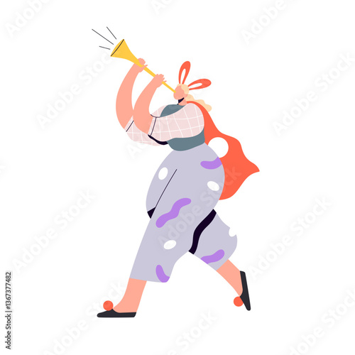 Circus artist performing with a trumpet at a festive event. Clown in a colorful costume blowing a horn, celebrating with music and entertainment at a carnival parade. Isolated on white background