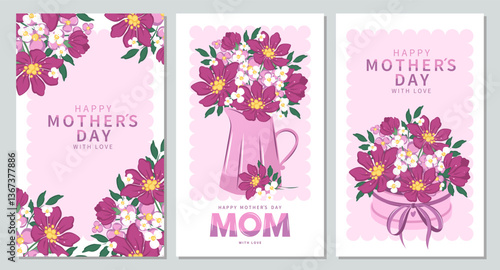 Mother's Day cards set. Spring summer floral design. Vector illustration for banner, poster, label, template, sale.
