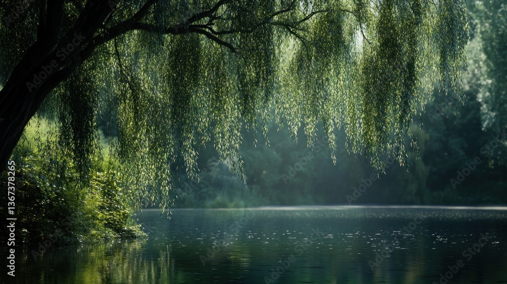 Fototapeta premium Scenic Weeping Willow Draping Elegantly over a Tranquil Lake Surface