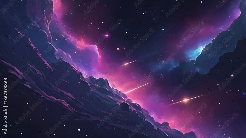 Fototapeta premium Galactic Nightscape Featuring Nebula and Alien Mountains