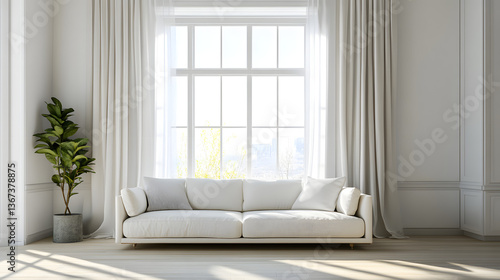 Wallpaper Mural A white living room with a sofa and a window. Minimalist interior design of a modern hom Torontodigital.ca