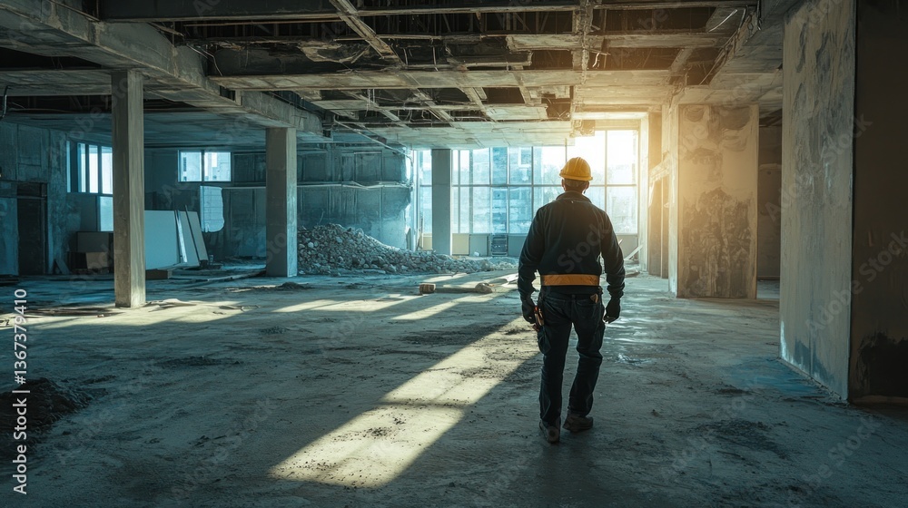 construction worker inspecting the unfinished building interior with concrete columns and exposed ceiling framework under bright natural sunlight construction worker inspecting the unfinished building interior with concrete columns and exposed ceiling framework under bright natural sunlight