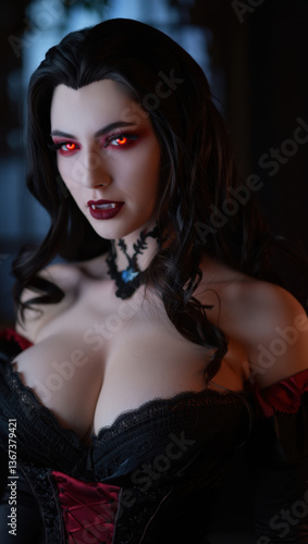 Seductive Vampire Woman with Blood-Red Glowing Eyes