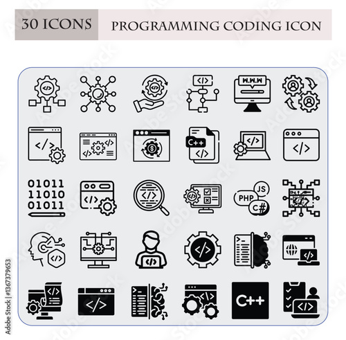 Programming Coding Icon Pack,Vector pack of programming and coding icons, perfect for digital design projects and tech-related content. Ideal for web development, software development, and coding reso