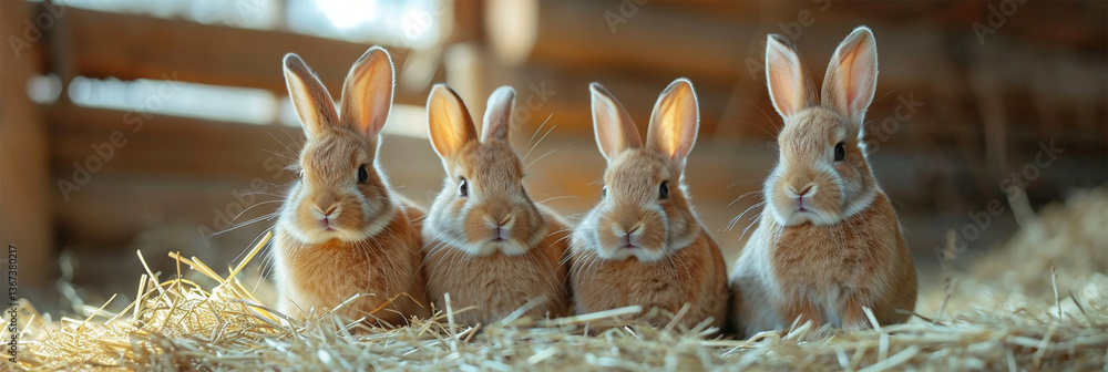 Four fluffy brown rabbits sit together on a bed of hay inside a wooden barn, softly lit by natural light.