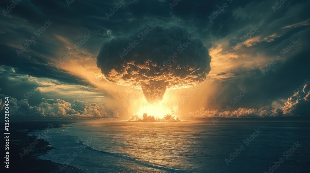 Obraz premium Nuclear explosion mushroom cloud over ocean.