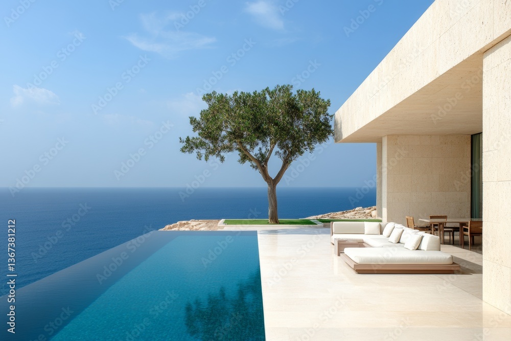 Fototapeta premium Sleek poolside retreat featuring a chic lounger and serene ocean vista at dusk