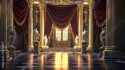 Elaborate ballroom interior with gold accents, marble and statues with soft lighting