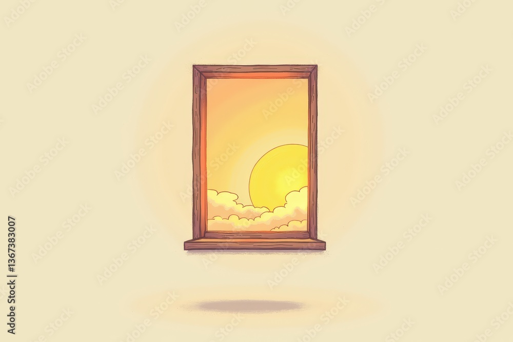 Sunny window view with glowing sunset sky