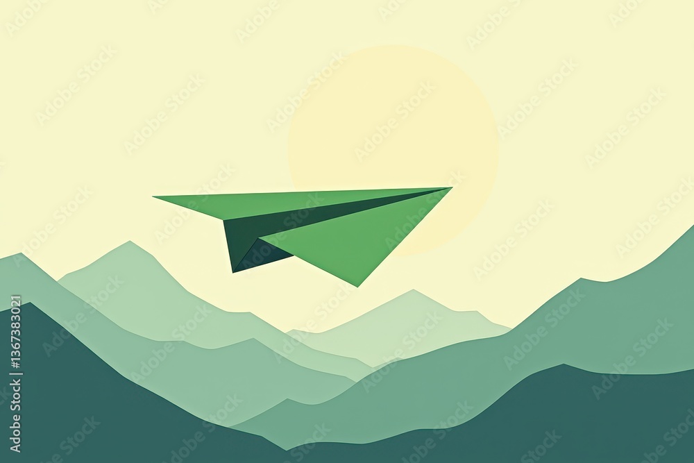 Paper airplane soaring serene mountain landscape